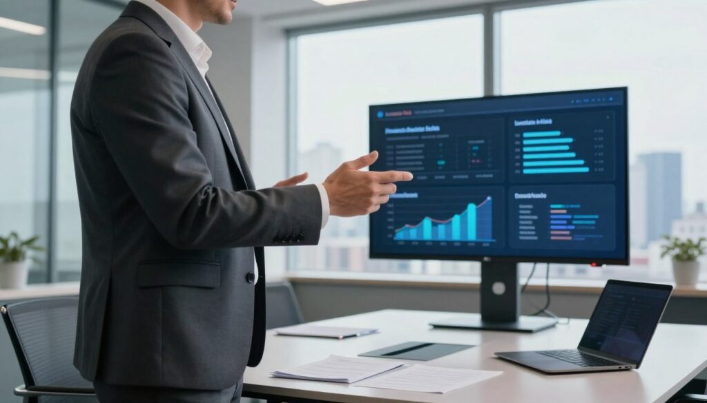 A professional individual confidently presenting their unique value proposition, standing in a modern office environment. In the foreground, the person, dressed in a tailored business suit, gestures towards a digital screen displaying dynamic graphs and keywords related to personal branding. In the middle ground, a sleek conference table with notes and a laptop, emphasizing a collaborative atmosphere. The background features large windows with a city skyline, creating a bright, optimistic mood with natural light pouring in. Capture this scene from a slightly low angle to convey empowerment and ambition, ensuring the focus remains on the individual and their presentation. The brand name "Lunatico Hub" subtly integrated into the digital content on the screen, enhancing the scene without overwhelming it. A professional individual confidently presenting their unique value proposition, standing in a modern office environment. In the foreground, the person, dressed in a tailored business suit, gestures towards a digital screen displaying dynamic graphs and keywords related to personal branding. In the middle ground, a sleek conference table with notes and a laptop, emphasizing a collaborative atmosphere. The background features large windows with a city skyline, creating a bright, optimistic mood with natural light pouring in. Capture this scene from a slightly low angle to convey empowerment and ambition, ensuring the focus remains on the individual and their presentation. The brand name "Lunatico Hub" subtly integrated into the digital content on the screen, enhancing the scene without overwhelming it.