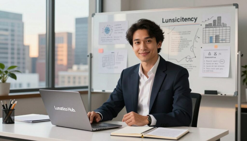 A professional individual poised confidently at a sleek desk, showcasing a modern workspace filled with branding materials surrounding them. The person, dressed in smart business attire, embodies professionalism and creativity, with a soft, inviting smile. In the foreground, a minimalist notebook and a stylish laptop display the brand "Lunatico Hub." In the middle, a whiteboard covered in strategic notes about branding consistency and marketing ideas adds depth. The background features a vibrant urban skyline visible through large windows, illuminated by warm, natural light, creating an atmosphere of inspiration and ambition. The overall mood is one of focus and determination, emphasizing the importance of maintaining consistency in personal branding. A professional individual poised confidently at a sleek desk, showcasing a modern workspace filled with branding materials surrounding them. The person, dressed in smart business attire, embodies professionalism and creativity, with a soft, inviting smile. In the foreground, a minimalist notebook and a stylish laptop display the brand "Lunatico Hub." In the middle, a whiteboard covered in strategic notes about branding consistency and marketing ideas adds depth. The background features a vibrant urban skyline visible through large windows, illuminated by warm, natural light, creating an atmosphere of inspiration and ambition. The overall mood is one of focus and determination, emphasizing the importance of maintaining consistency in personal branding.
